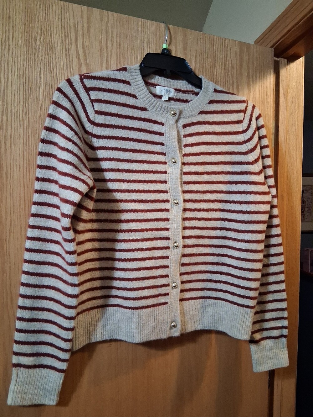 Umgee U.S.A. Striped Button-Up Knit Cardigan Sweater. Long sleeve,